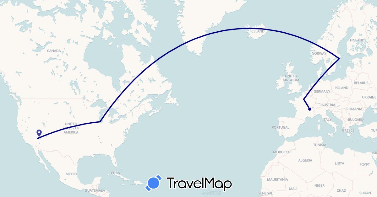 TravelMap itinerary: driving in France, Sweden, United States (Europe, North America)